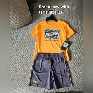 Under Armour Bright Orange Logo Tee with Dark Gray Athletic Shorts